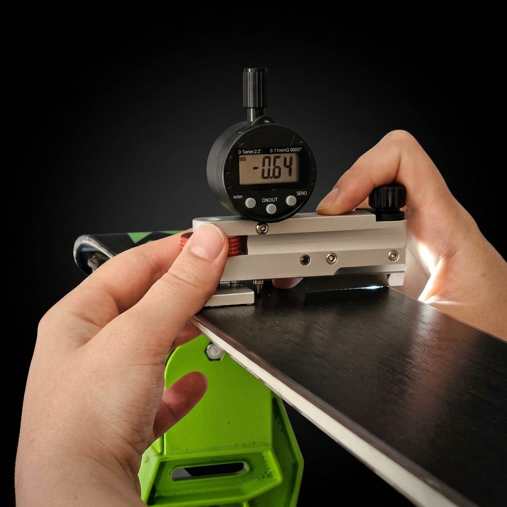 BaseEdge Pro bevel gauge on the edge of a ski, display showing −0.64